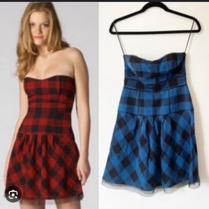 American Eagle Outfitters AEO grunge blue Buffalo plaid strapless dress
